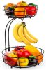 Iron 2-Tier Countertop Fruit Vegetables Basket Bowl Storage With Banana Hanger, Black, 64 ounces