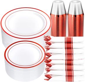 350 Piece Red Plastic Dinnerware Set for 50 Guests, Fancy Disposable Plates for Party, Include: 50 Dinner Plates, 50 Dessert Plates
