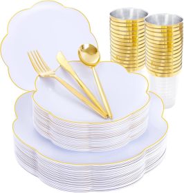 EI 180pcs White Plastic Plates with Gold Plastic Silverware,Heavy-Duty Disposable Plates for Party,White Dinnerware Set for 30 Guest Wedding,Birthday