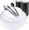 EI 180pcs White Plastic Dinnerware Set Include Black Disposable Silverware,Dinner and Dessert Plates,Cups