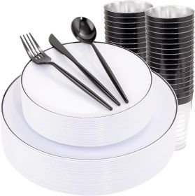 EI 180pcs White Plastic Dinnerware Set Include Black Disposable Silverware,Dinner and Dessert Plates,Cups