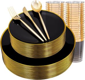 EI 180pcs Black Plastic Plates Black and Gold Disposable Plates Gold Plastic Dinnerware Set Silverware and Cups for Birthday,Wedding,Festival
