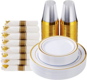 175 Piece Gold Plastic Dinnerware Set for 25 Guests, Fancy Disposable Plates for Party, Include: 25 Dinner Plates, 25 Dessert Plates