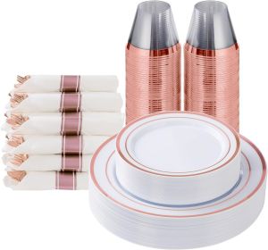 175 Piece Rose Gold Plastic Dinnerware Set for 25 Guests, Fancy Disposable Plates for Party, Include: 25 Dinner Plates, 25 Dessert Plates