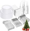 350 Pcs Silver Plastic Plates - Silver Dinnerware Set of 50 Dinner Plates 50 Dessert Plate 50 Silverware 50 Napkins 50 Cups for Christmas Party&Weddin