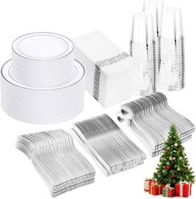 350 Pcs Silver Plastic Plates - Silver Dinnerware Set of 50 Dinner Plates 50 Dessert Plate 50 Silverware 50 Napkins 50 Cups for Christmas Party&Weddin