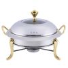 Round Stainless Steel Chafing Dish – Buffet Food Warmer with Gold Accents and Glass Lid, Durable Serving Dish for Catering, Hotels, Restaurants