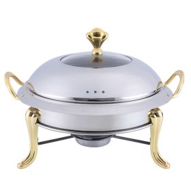 Round Stainless Steel Chafing Dish – Buffet Food Warmer with Gold Accents and Glass Lid, Durable Serving Dish for Catering, Hotels, Restaurants