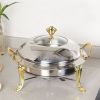 Round Stainless Steel Chafing Dish – Buffet Food Warmer with Gold Accents and Glass Lid, Durable Serving Dish for Catering, Hotels, Restaurants