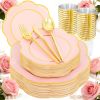 EI 180pcs Pink Plastic Plates with Gold Plastic Silverware,Heavy-Duty Disposable Plates for Party,White Dinnerware Set for 30 Guest Wedding,Birthday