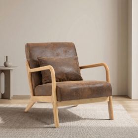Mid Century Modern Accent Chair with Wood Frame, Upholstered Living Room Chairs with Waist Cushion, Reading Armchair for Bedroom Sunroom (Option: Antique brown)