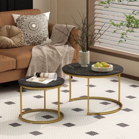 27.6in Nesting Coffee Table Set of 2, Round Coffee Table Wood Marble Pattern Top with Sturdy Metal Frame, End Table Side Tables for Living Room Bedroo (Option: Black+Gold)