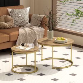 27.6in Nesting Coffee Table Set of 2, Round Coffee Table Wood Marble Pattern Top with Sturdy Metal Frame, End Table Side Tables for Living Room Bedroo (Option: Brown+Gold)