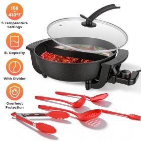 6L Electric Hot Pot with Divider 1100W Dual-Flavor Pot Shabu Shabu Pot Non-Stick with 5-Temp Control for Shabu Shabu Fondue Perfect for Family Gatheri (Color: Black)