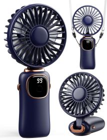 Portable Handheld Fan, 4000mAh Battery Operated 3 in 1 Multifunction Personal Travel Fans with Digital Display, 90° Foldable Desk Fans with Base (Color: Blue)
