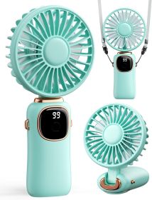 Portable Handheld Fan, 4000mAh Battery Operated 3 in 1 Multifunction Personal Travel Fans with Digital Display, 90° Foldable Desk Fans with Base (Color: green)
