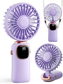 Portable Handheld Fan, 4000mAh Battery Operated 3 in 1 Multifunction Personal Travel Fans with Digital Display, 90° Foldable Desk Fans with Base (Color: Purple)