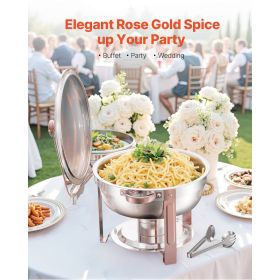 Chafing Dish Buffet Set, 5 Qt 4 Pack, Stainless Steel Chafer with 4 Full Size Pans, Round Catering Warmer Server with Lid Water Pan Folding Stand Clip (Set: 4 Pcs, Style: Rose Gold)