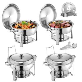 Chafing Dish Buffet Set, 5 Qt 4 Pack, Stainless Steel Chafer with 4 Full Size Pans, Round Catering Warmer Server with Lid Water Pan Folding Stand Clip (Set: 4 Pcs, Style: Silvery)
