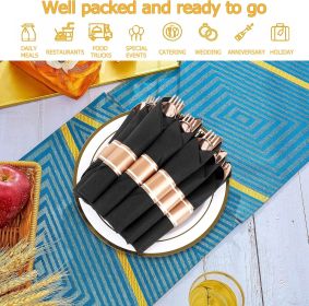 50 Pack Pre Rolled Rose Gold Plastic Silverware Set,Wrapped Plastic Cutlery Set with Napkin Include 50 Forks,50 Spoons (Model: 100 pack black+gold)