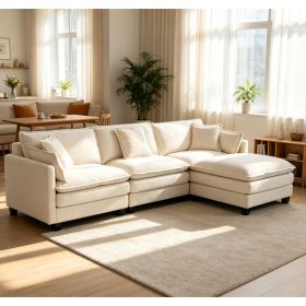 Modern 3seats with ottoman 113.77"Sectional Sofa with Waist Pillows,3-seat Upholstered Symmetrical Sofa Furniture,Sleeper Sofa Couch with Chaise Loung (Option: Antique White)
